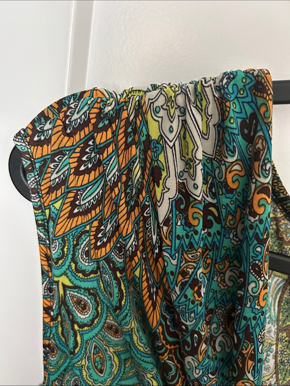 Tropical Teal and Brown Paisley Twist-Front Midi Dress weekend evening or beach - Picture 11 of 12